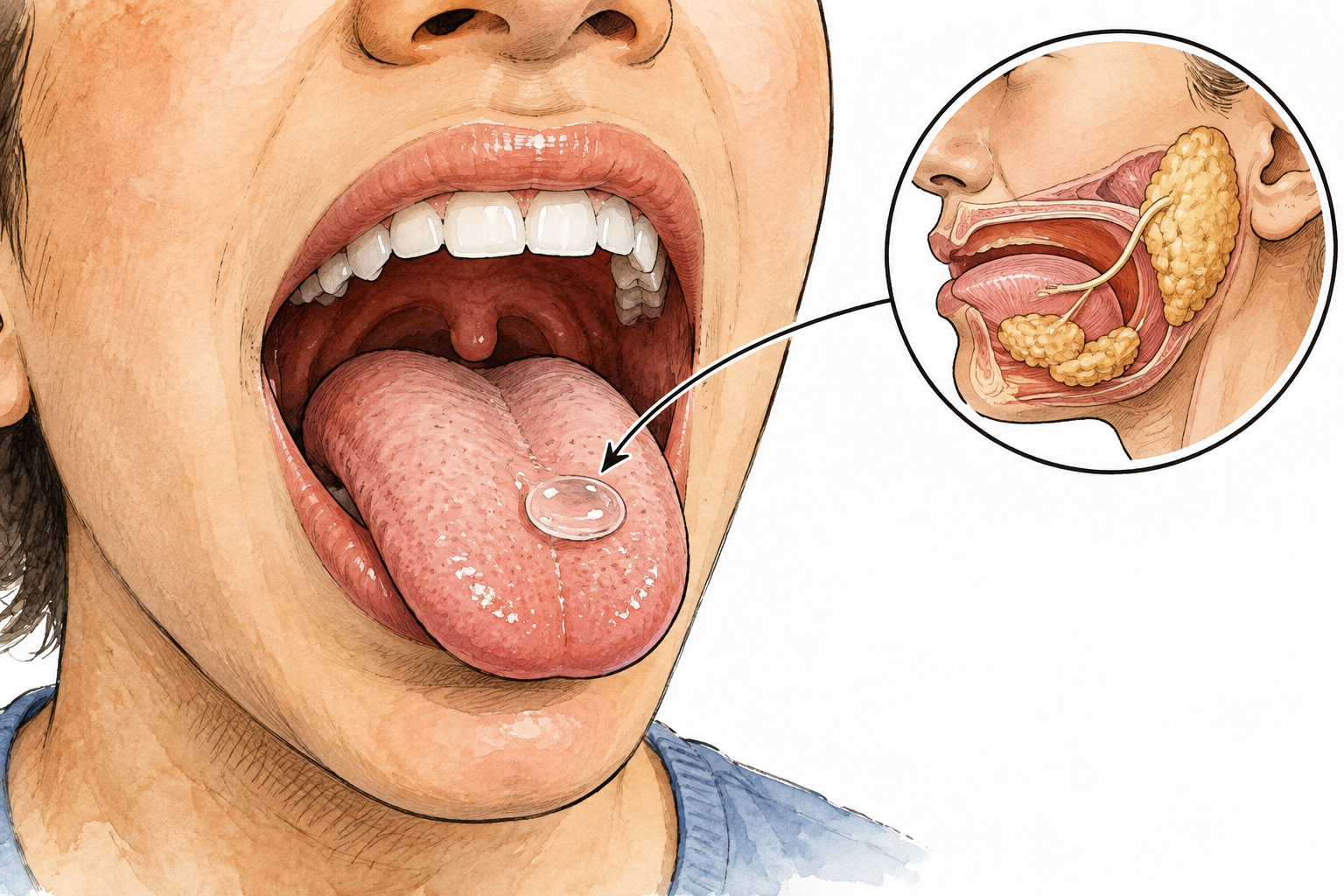 A clean saliva droplet on the tongue inside a simple medical mouth diagram, no gross detail.