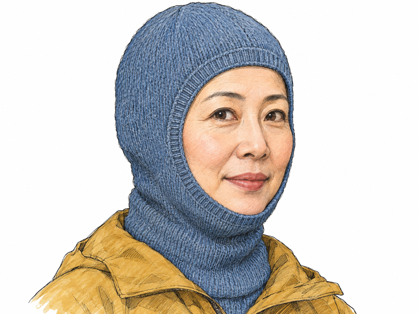 A clear three-quarter head-and-shoulders portrait of a woman wearing a close-fitting knitted balaclava, with one oval opening exposing her eyes, nose, and mouth while the fabric covers her crown, ears, chin, and neck.