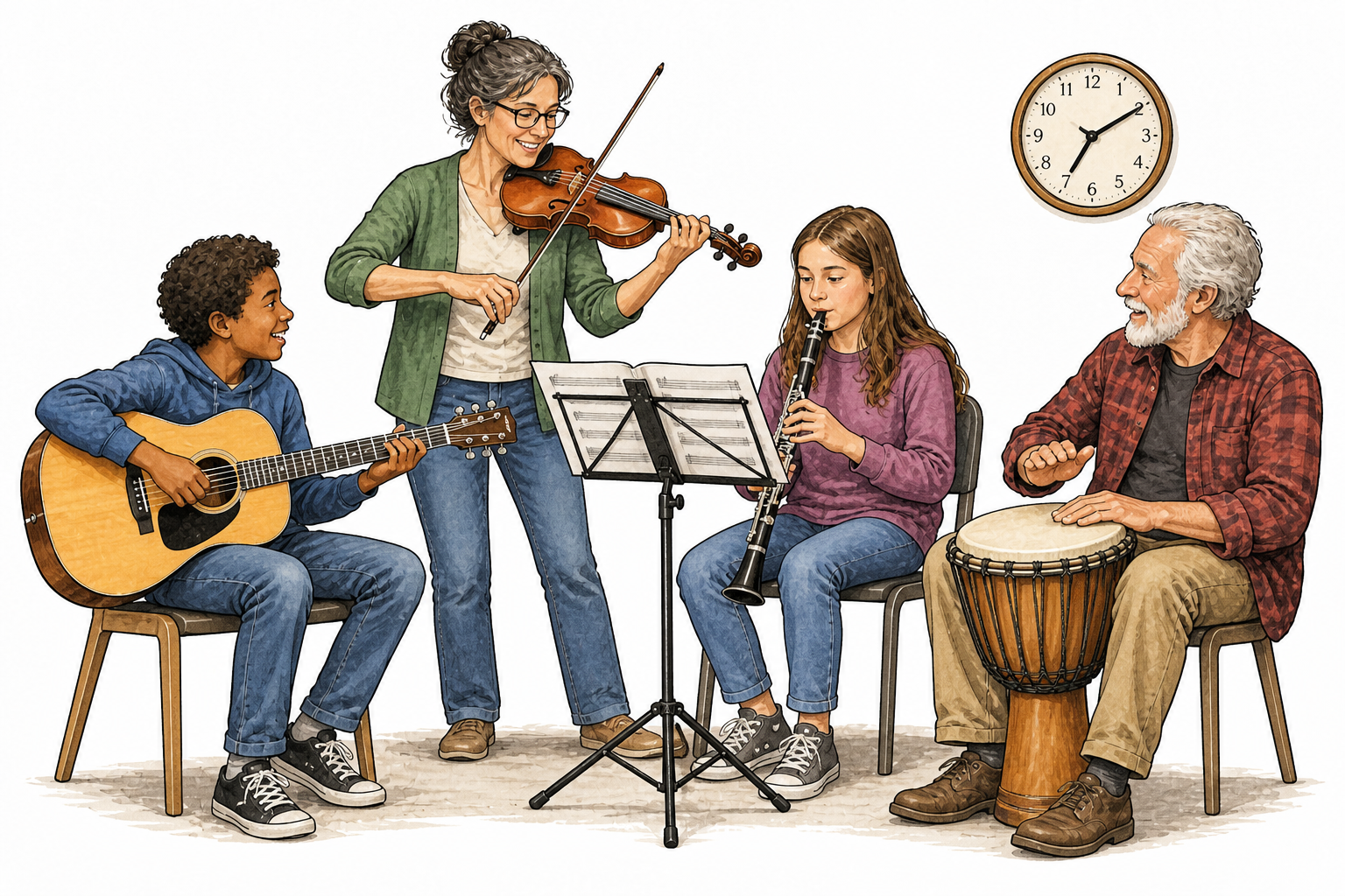 A mixed-age small group gathers for a music practice session, instruments and wall clock, focused shared activity.