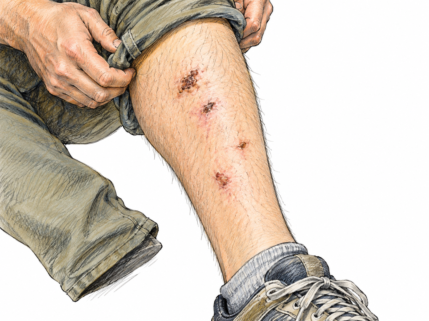 Several small dry crusts cover healing scrapes on a shin, normal surrounding skin and a rolled-up trouser hem; accurate non-graphic healing injuries, no fresh bleeding.