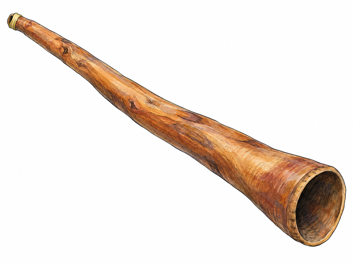An isolated, full-length wooden didgeridoo, with its narrow playing opening and wider open bell clearly visible.