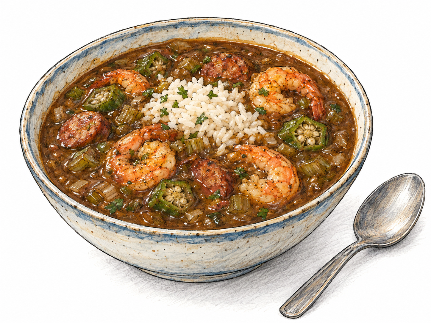 A close three-quarter view of a bowl of Louisiana gumbo: thick dark roux-based stew with shrimp, sliced sausage, and okra, served with a small mound of white rice.