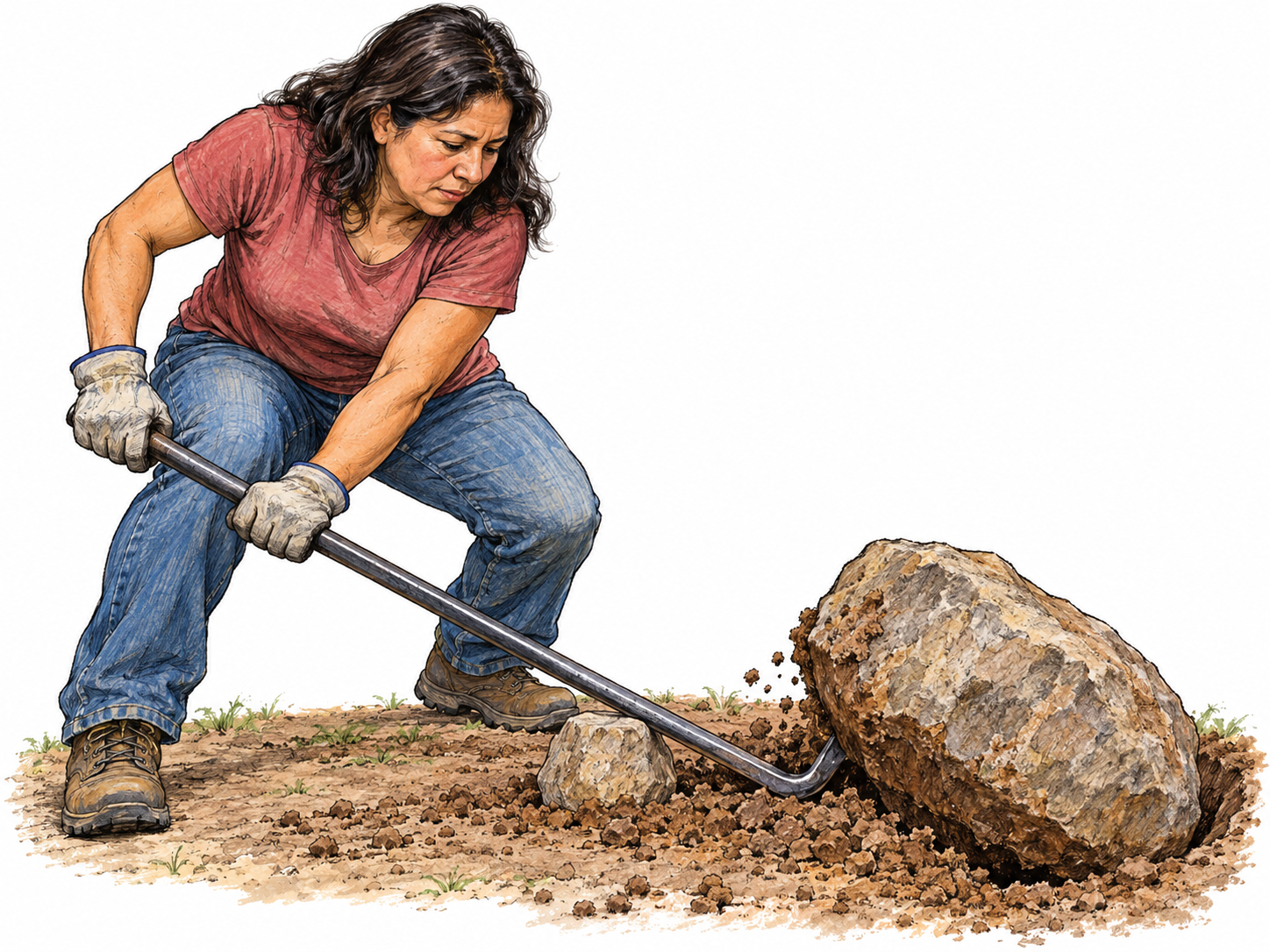 A woman uses a crowbar to lever a tightly embedded stone out of compacted soil, with the stone visibly tilted out of its matching cavity.