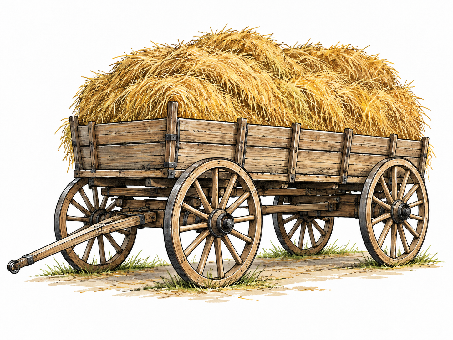 A large traditional farm hay wagon with four wooden spoked wheels and a broad timber bed stacked with hay, clearly a substantial farm wain.