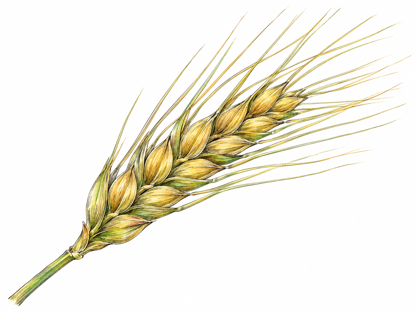 A close view of a single barley ear, showing slender, pointed awns extending from the grain-bearing spikelets, with their attachment points clearly visible.