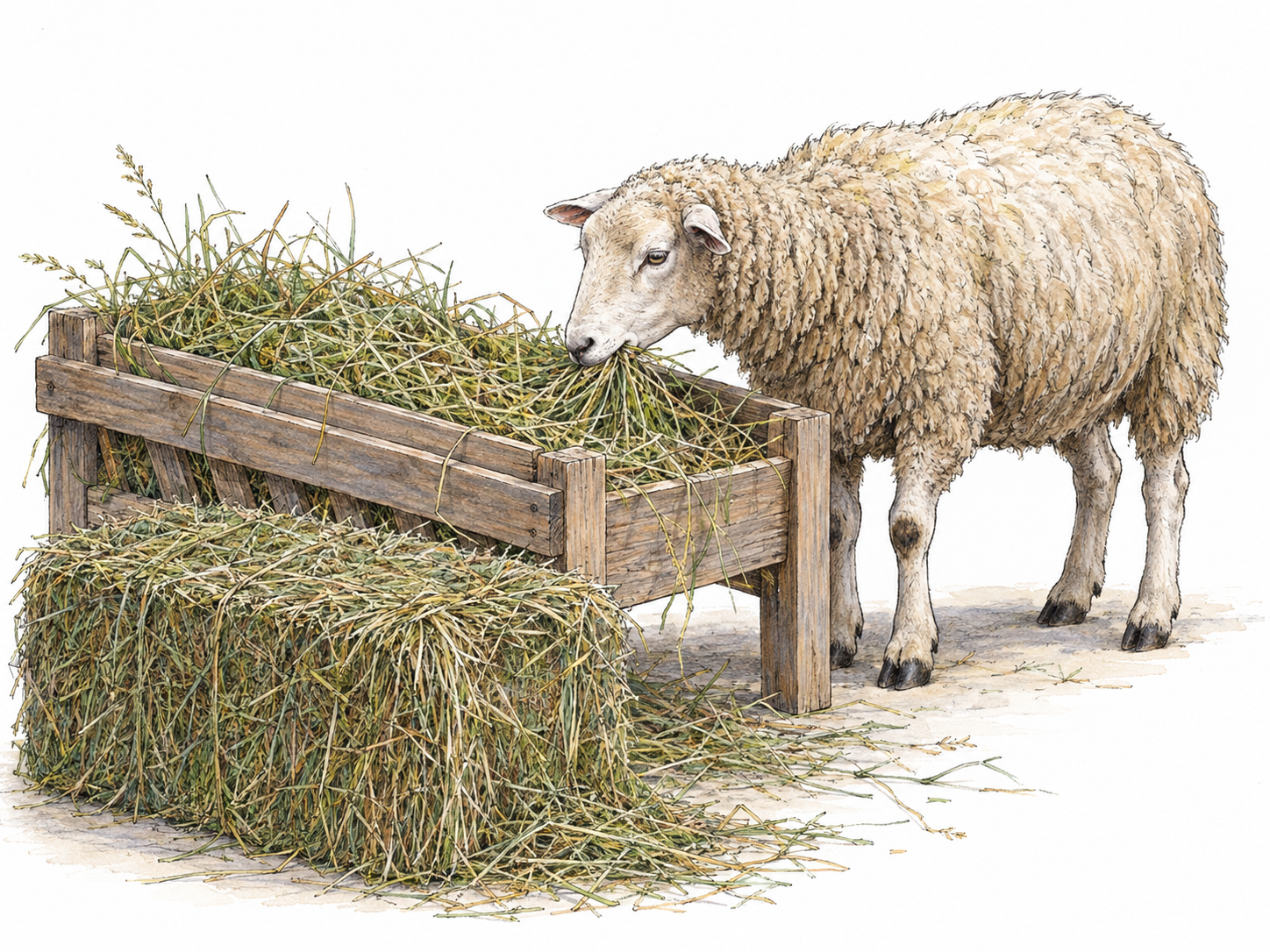 A small bale of dried meadow grass beside a low feeding rack, with a sheep pulling loose hay from the rack.