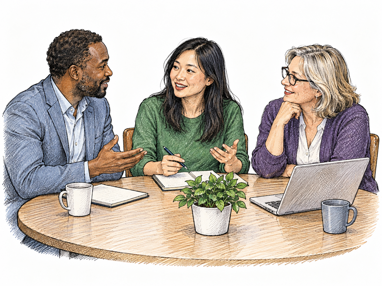 A person is physically seated among a small meeting group at a table, others turn toward that person in acknowledgment, occupied chair and face-to-face interaction make being there clear.