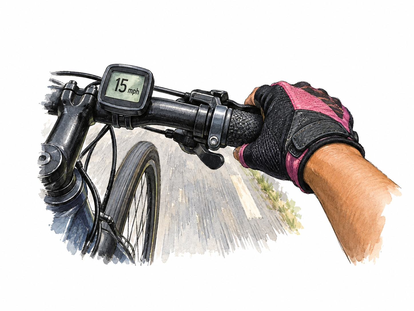 A bicycle handlebar-mounted speed computer prominently displays only '15 mph' on its small screen.
