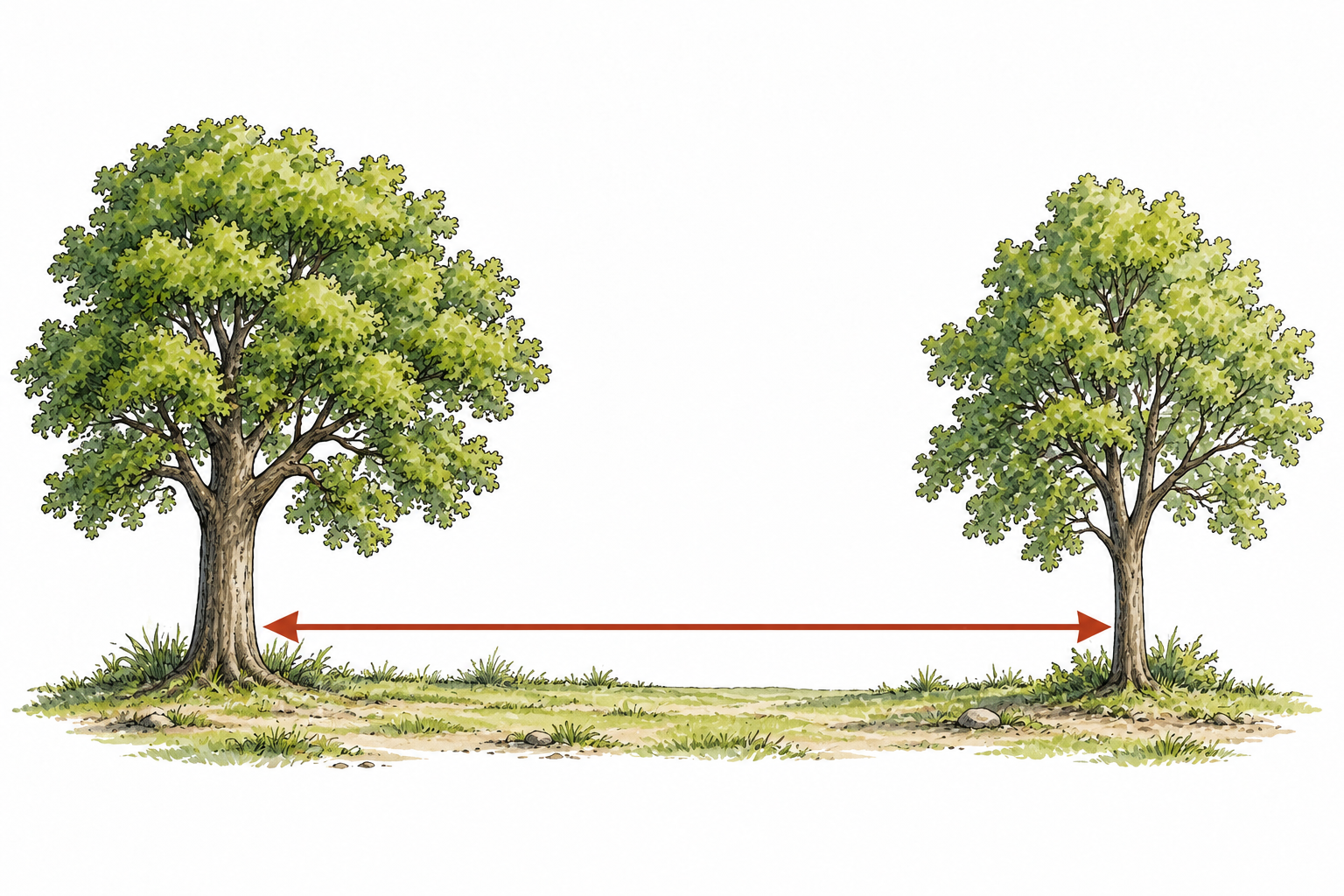 Two trees separated by open ground with clear double-headed measurement arrow between their bases.