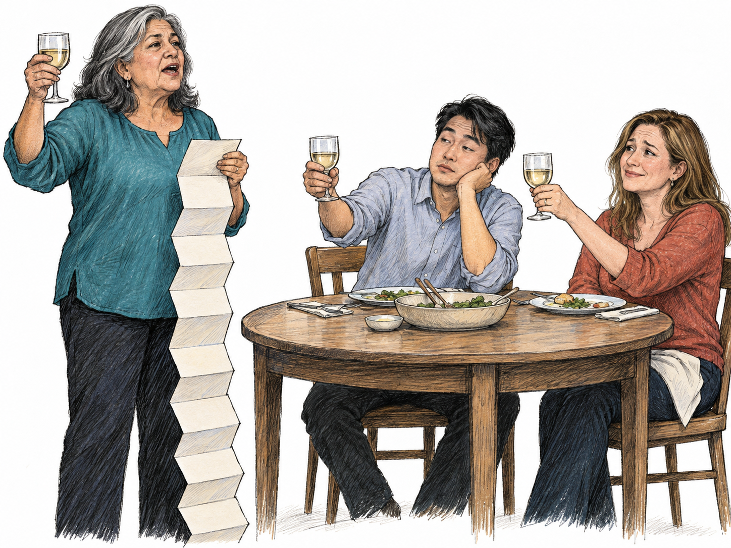 An excessively elaborate dinner toast: a speaker continues addressing two guests with a comically long but physically believable foldout of speaking notes, while their raised glasses and strained waiting postures show that a simple toast has become unnecessarily wordy.