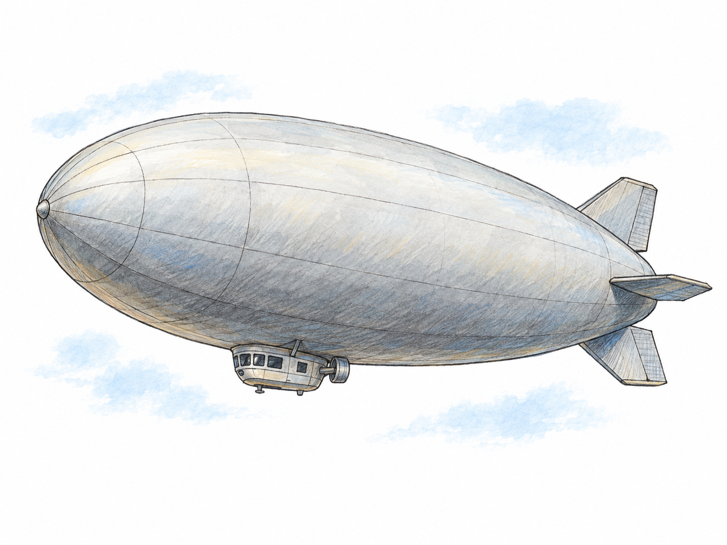 A single unbranded blimp floating in open air, with a softly rounded inflated envelope, tail fins, and a small gondola suspended beneath it.