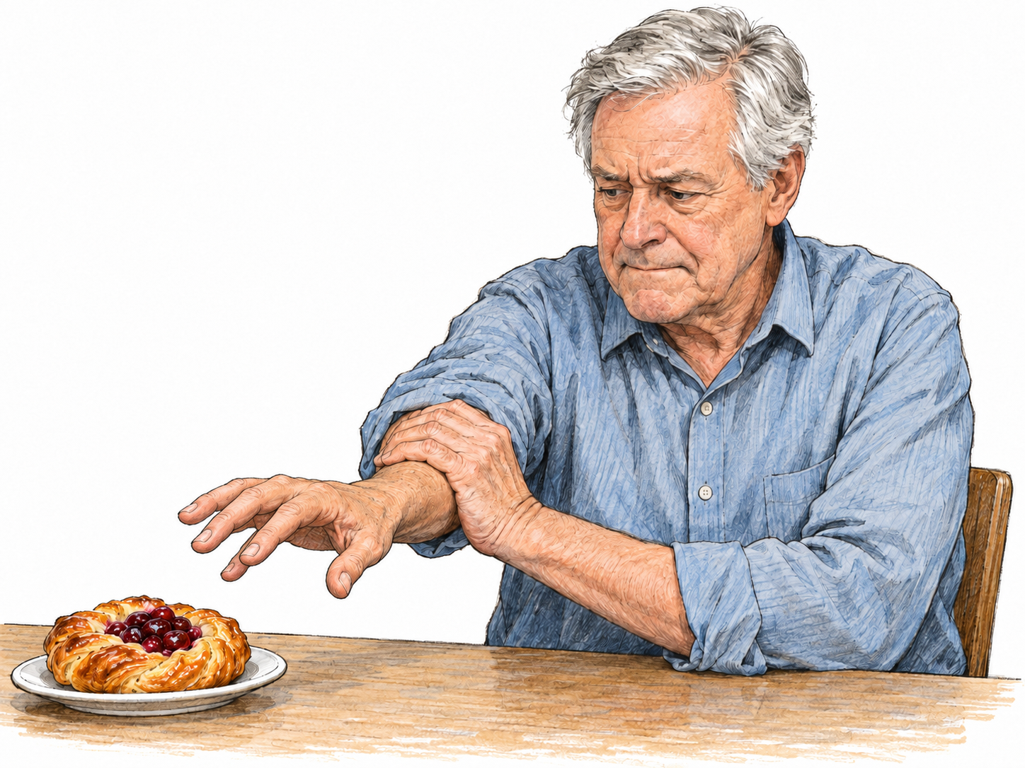An older man visibly checks his own reach toward a tempting pastry, using his other hand to hold back his reaching wrist.