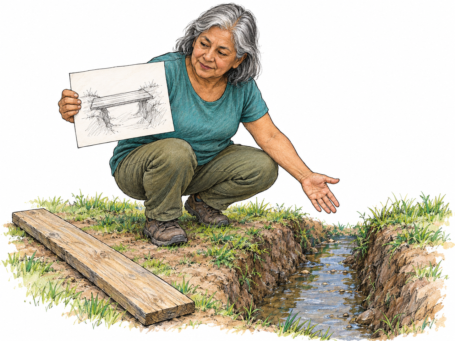 A tentative idea made visible: a woman beside a small garden drainage channel holds up a rough pictorial proposal for a simple plank crossing.