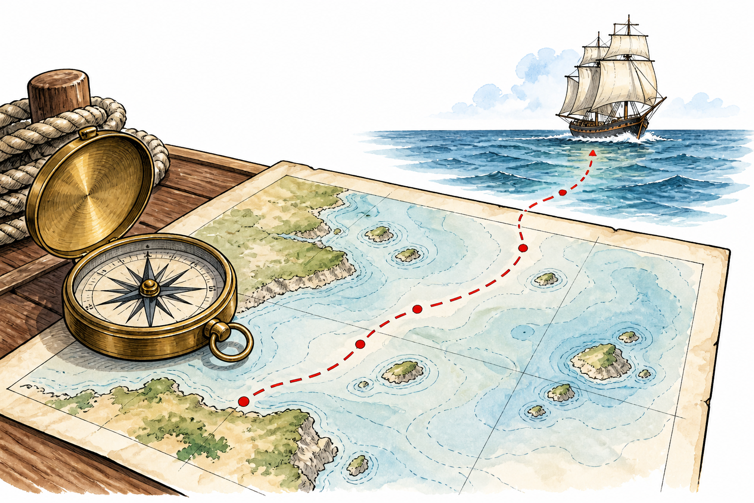 Wordless nautical chart, compass and a plotted route corresponding to a ship visible beyond, no letters or numerals.