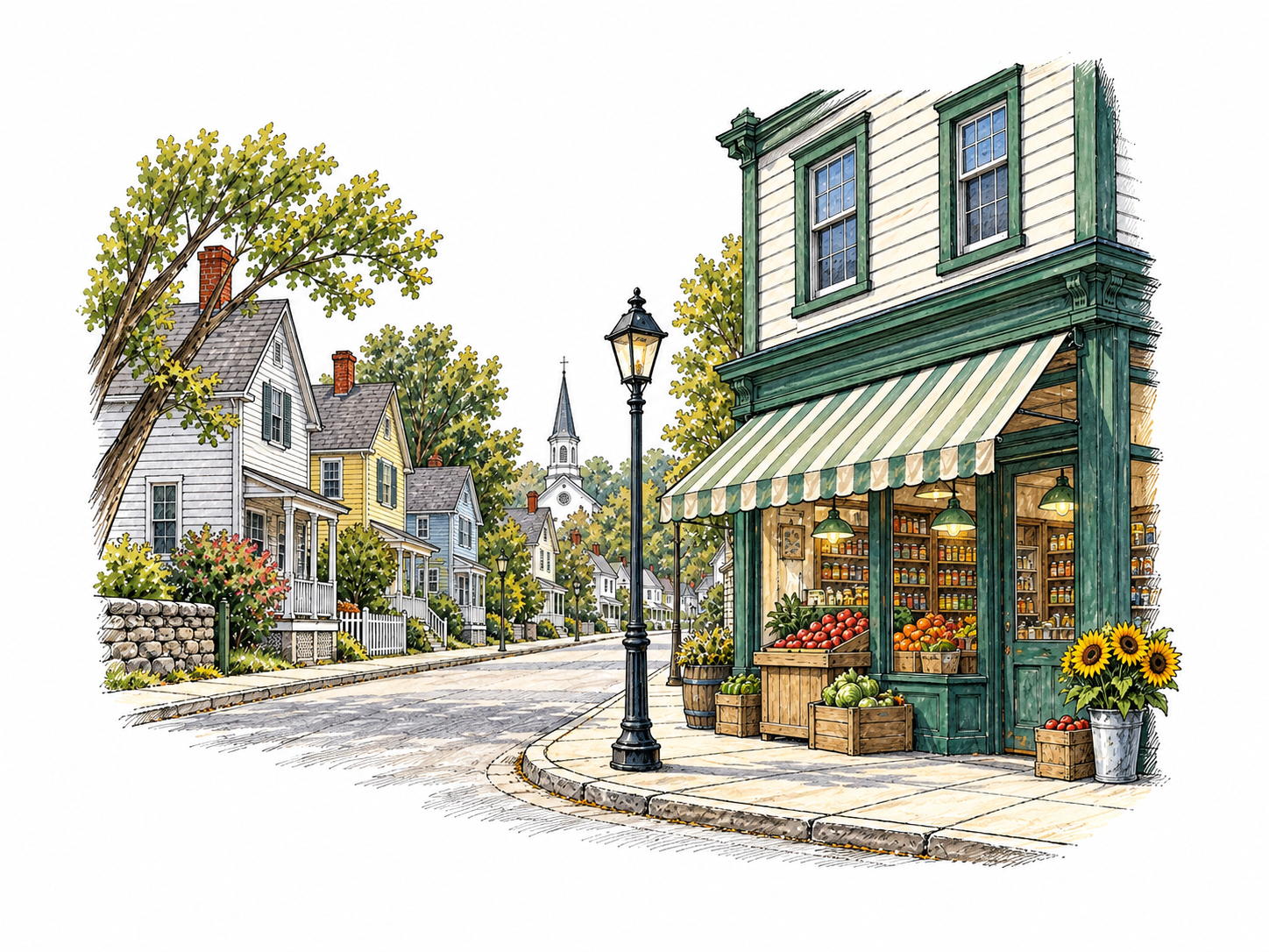 Ordinary small town street corner with modest houses and a grocery storefront without signs.
