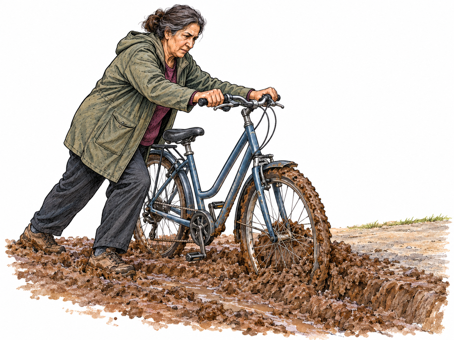 An older woman struggles to push her bicycle through thick mud: the front wheel sinks into a deep rut while she braces herself and pushes forward, making the impediment to movement visible.