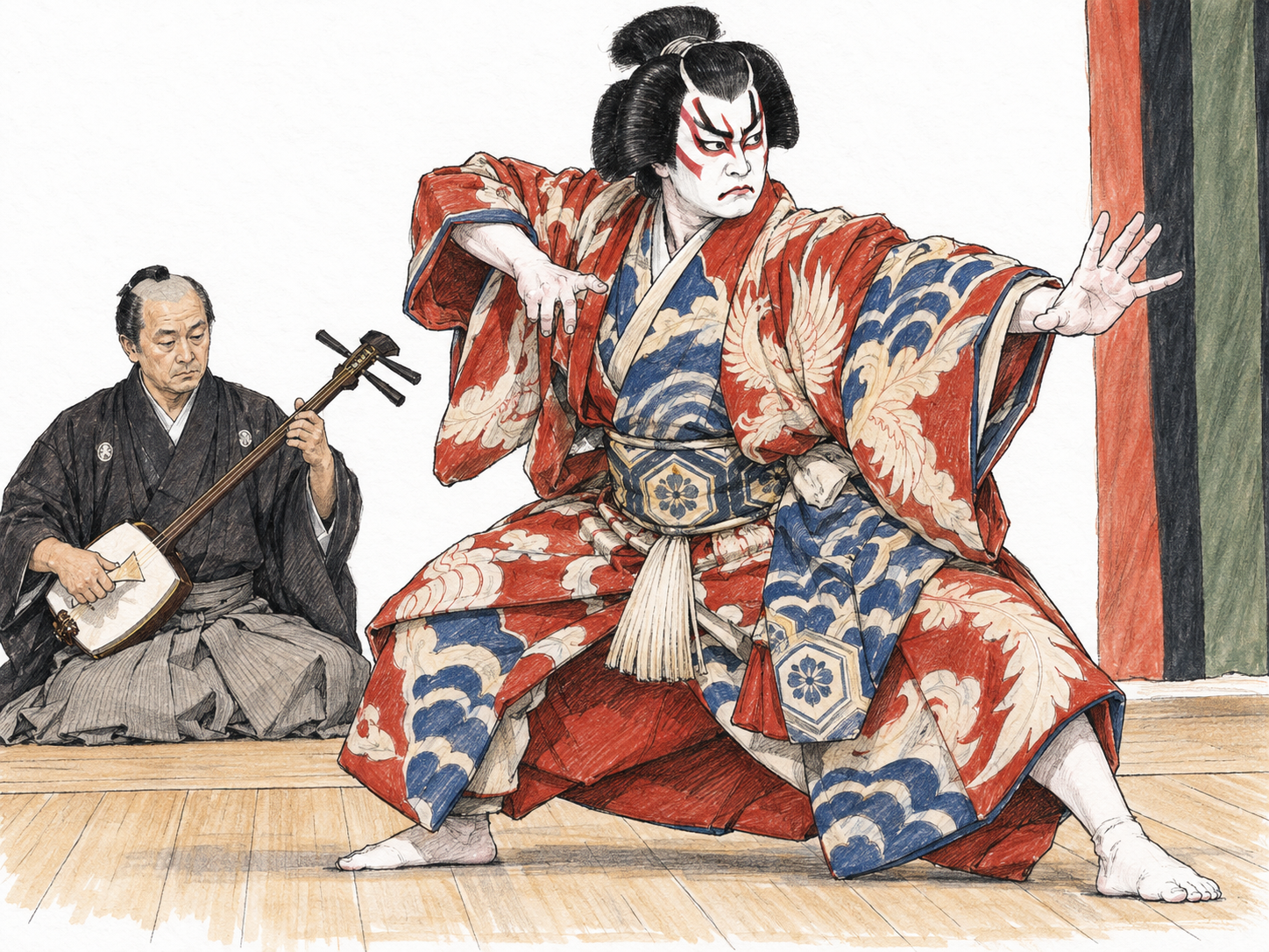 A Japanese kabuki actor holds a forceful mie pose on a spare wooden stage, with unmistakable red-and-white kumadori makeup and an elaborate theatrical robe.