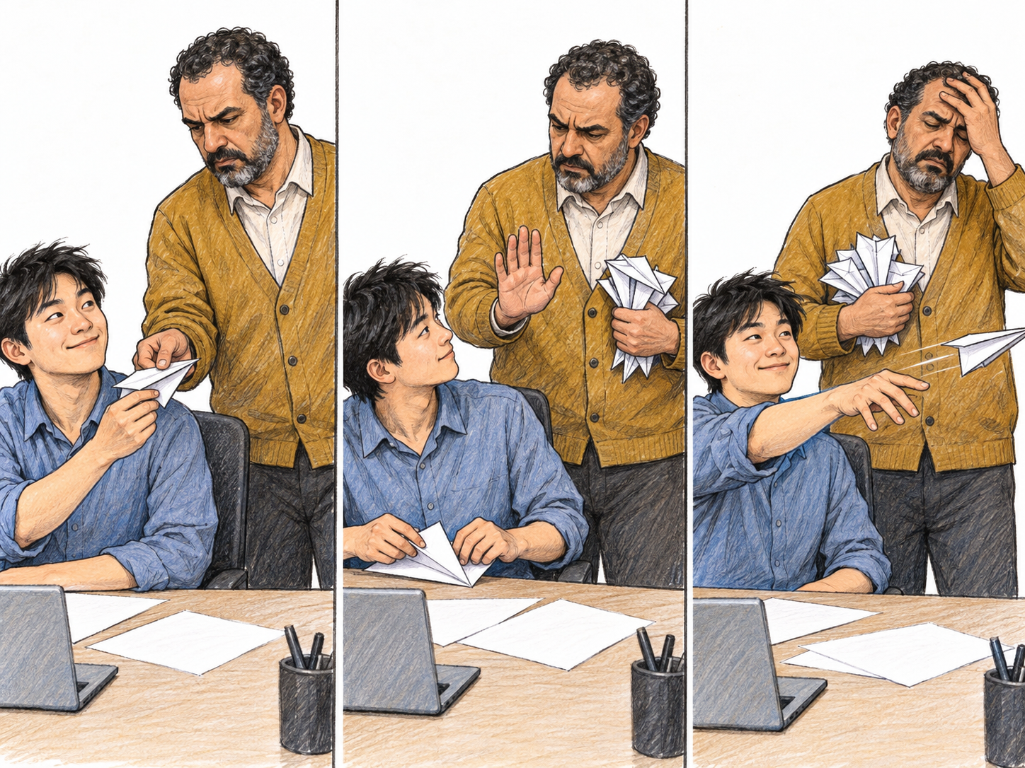 A text-free three-panel sequence shows the same young office worker repeatedly throwing paper airplanes despite direct intervention: his supervisor confiscates one, removes a growing handful while firmly signaling stop, and finally watches in exhausted disbelief as the worker launches yet another.
