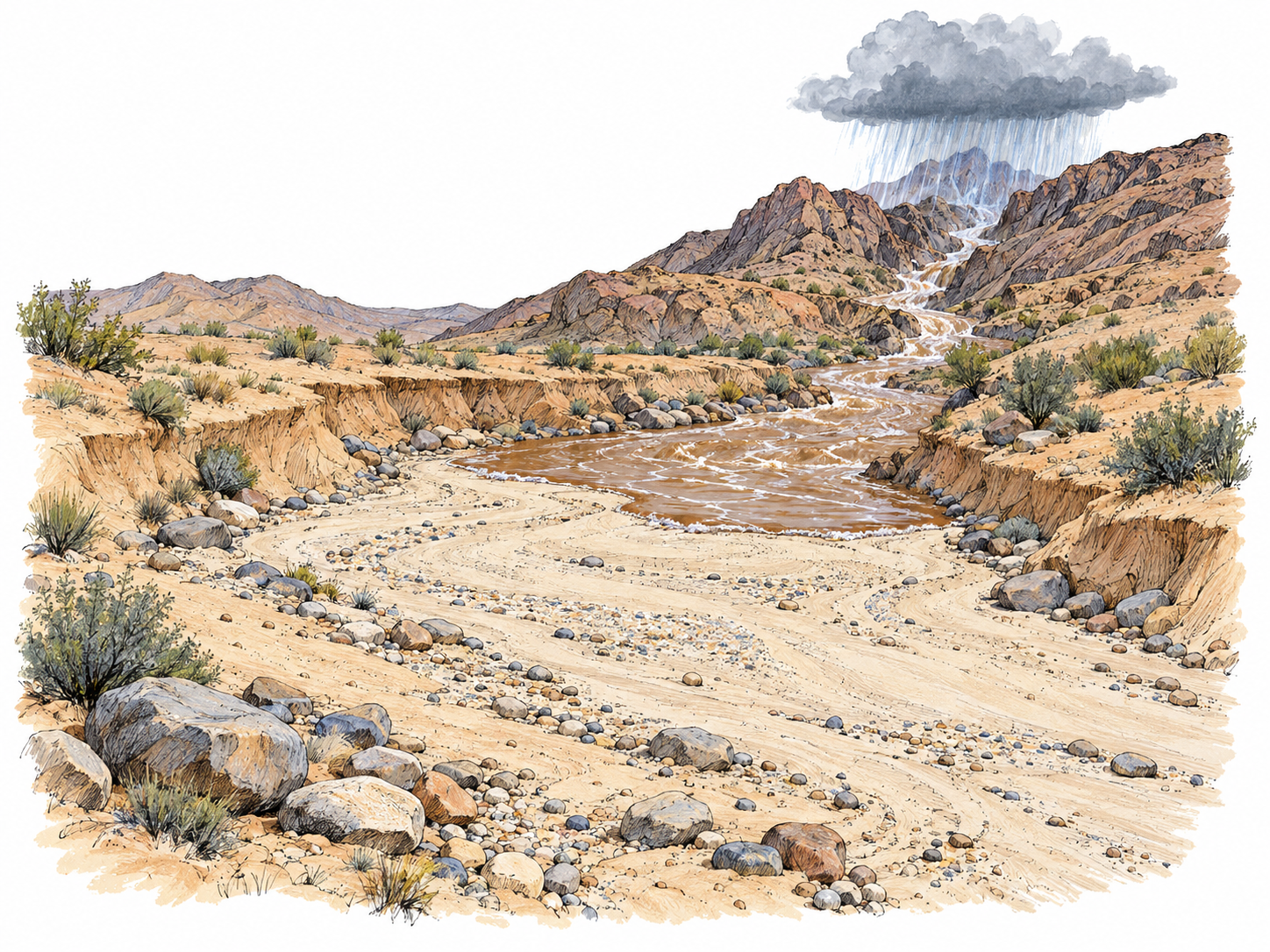 A winding desert streambed remains dry in the foreground while runoff from a visible rainstorm begins filling its upstream channel.