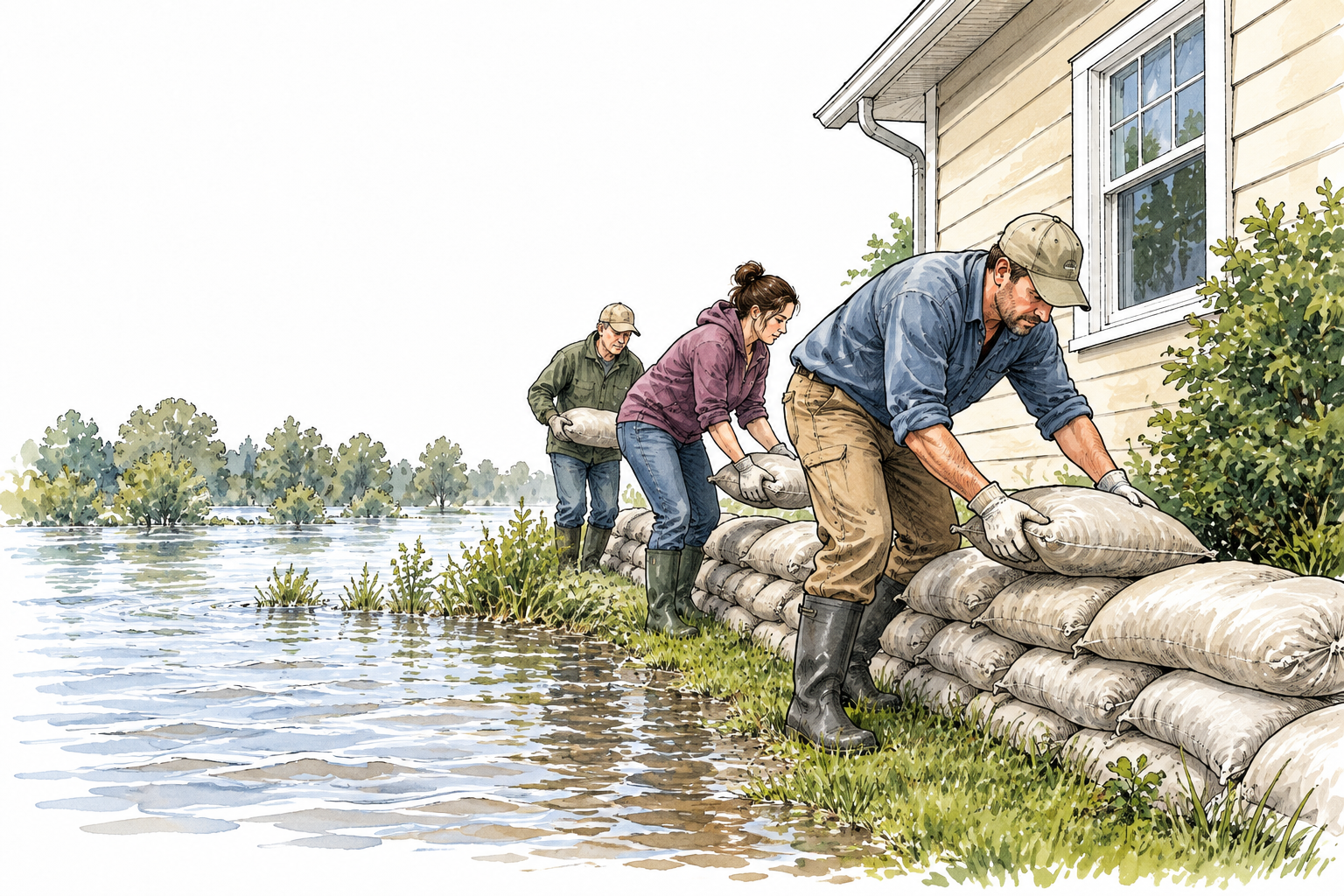 Workers placing sandbags to reduce damage from rising water beside a house, mitigating harm clear, no text.