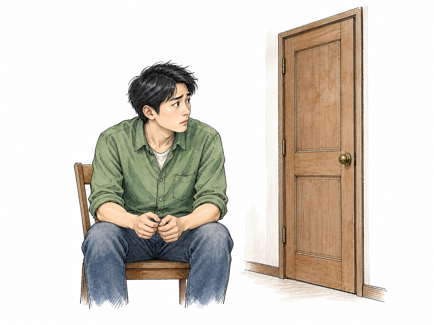 Man nervously watches a closed door, tense fingers twisting together on lap.