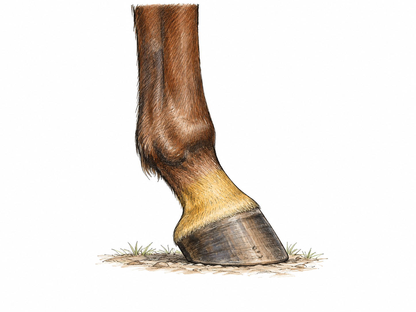 Accurate side view of lower horse foreleg from cannon bone to hoof; the sloping short segment BELOW fetlock joint and ABOVE hoof is softly highlighted in muted ochre while rest remains natural brown.