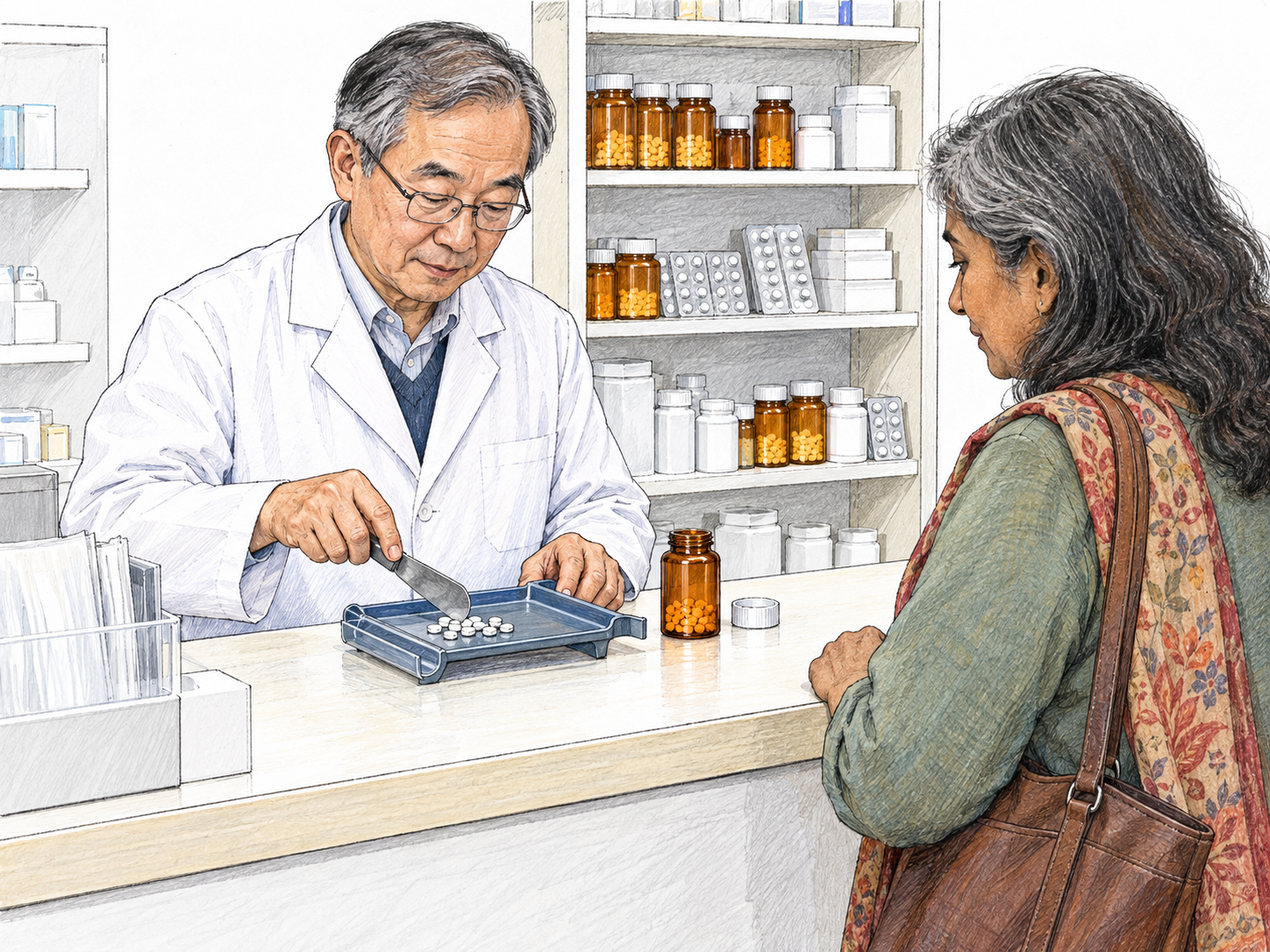 A compact pharmacy dispensing counter: a pharmacist counts tablets into a medicine vial while a customer waits across the counter, with neatly arranged medicine containers on a small shelf behind him.