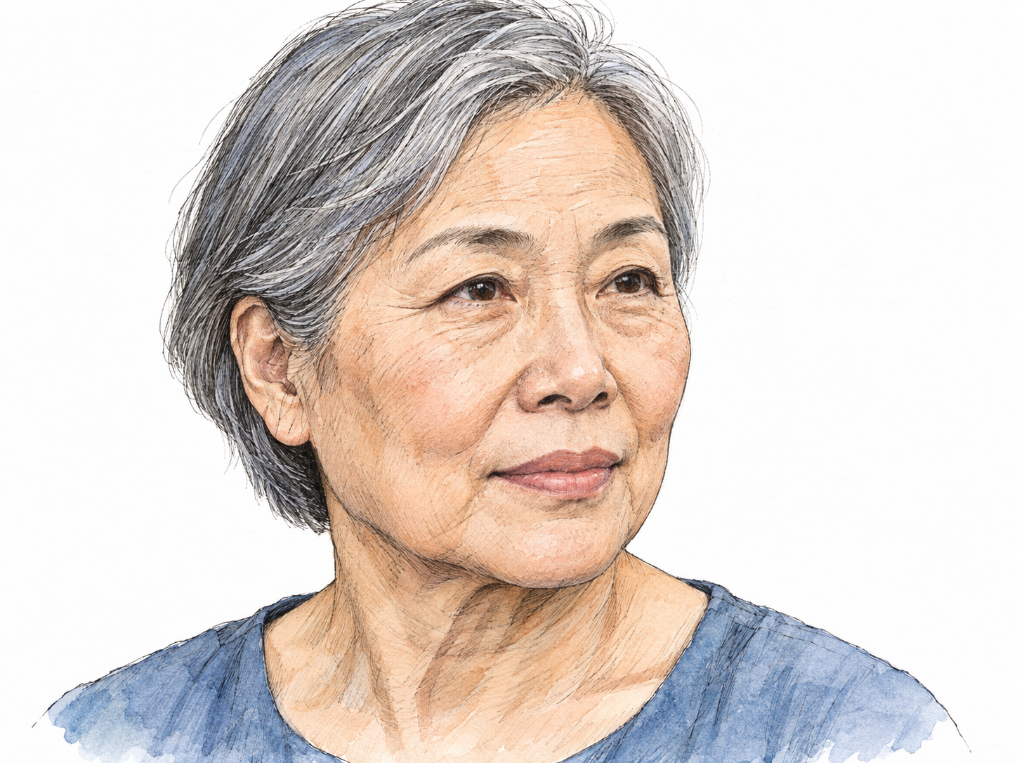 A close three-quarter portrait of an older woman, emphasizing her individual facial structure: forehead, brows, cheekbones, nose, lips, chin and jawline.