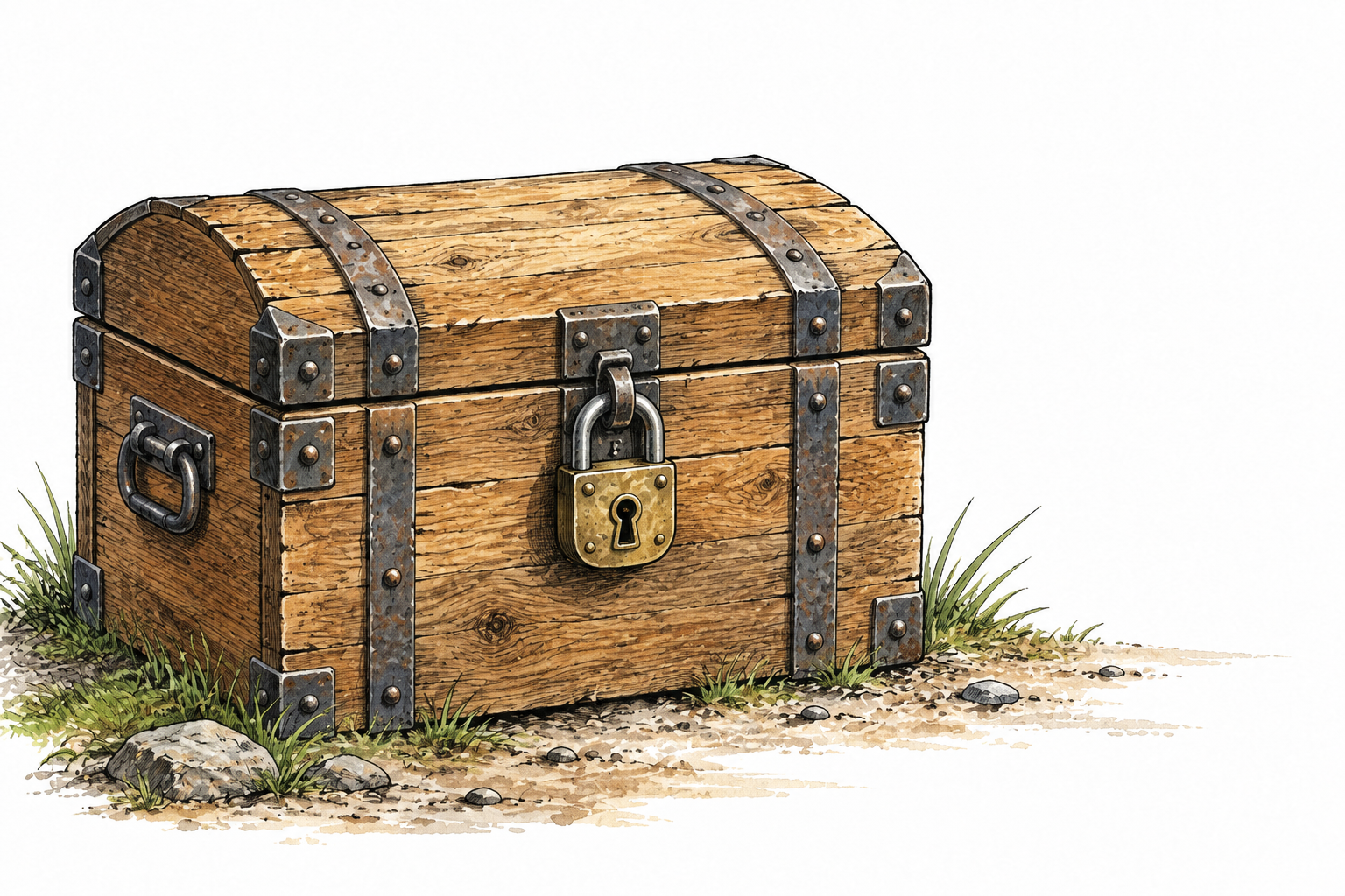 A heavy wooden chest is firmly secured with a sturdy padlock, safe protected object.