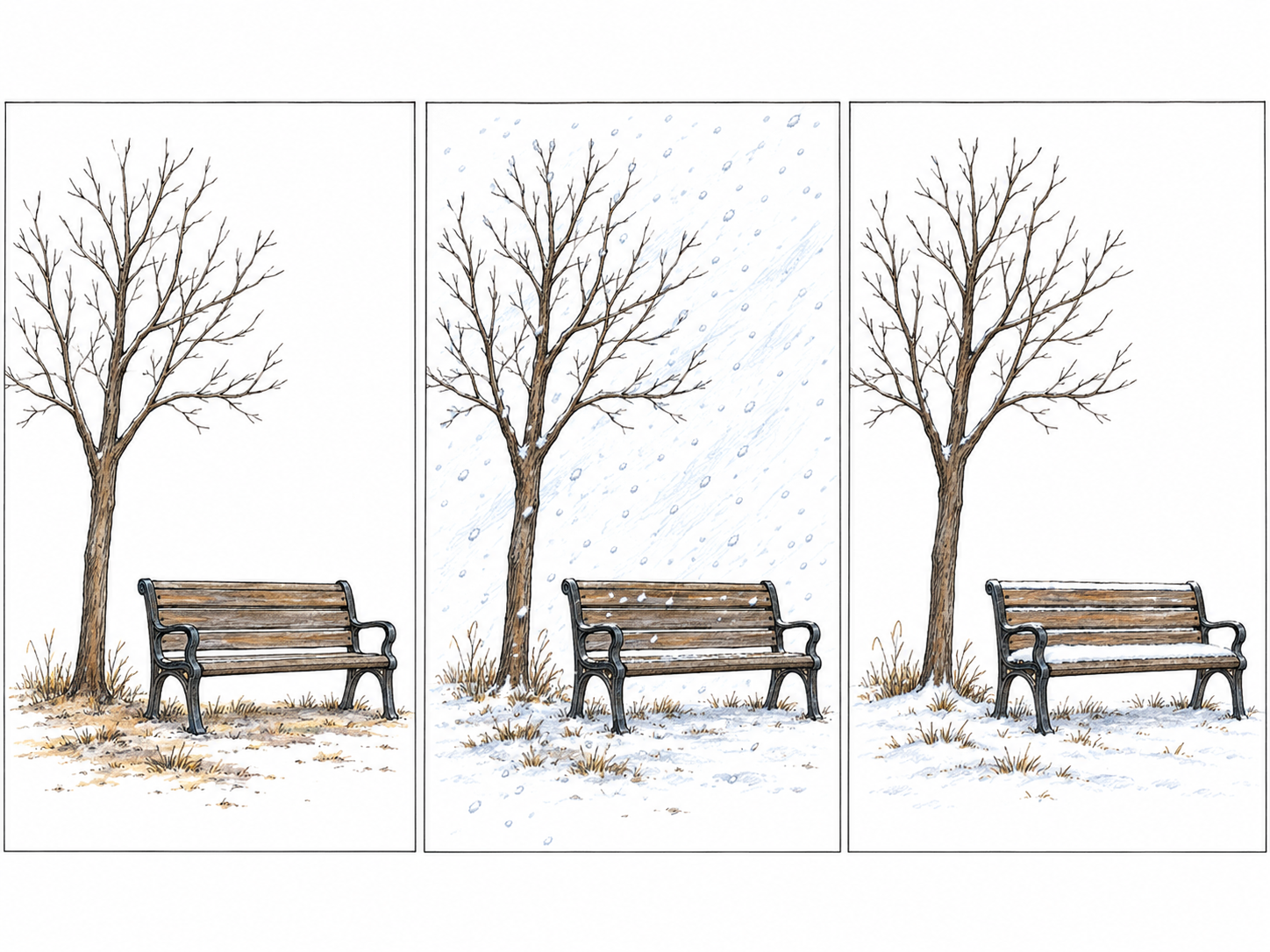 A compact three-panel sequence shows a brief snow flurry passing over the same bare sapling and park bench: clear air, a sudden swirl of light snow, then clear air again with only a faint dusting left behind.