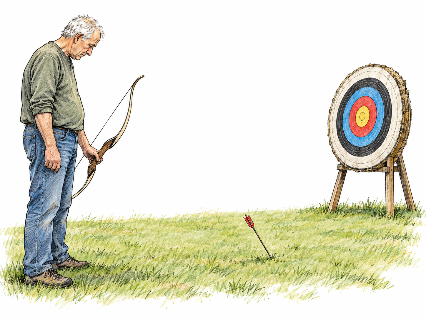An unsuccessful archery attempt: an archer lowers his bow while his only arrow lies embedded in the ground well short of an untouched target.