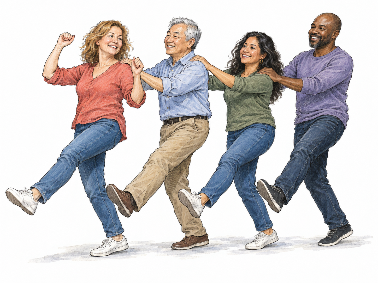 Four adults dance in a single-file conga line, each follower holding the shoulders of the person ahead, with synchronized bent knees and an outward kick.