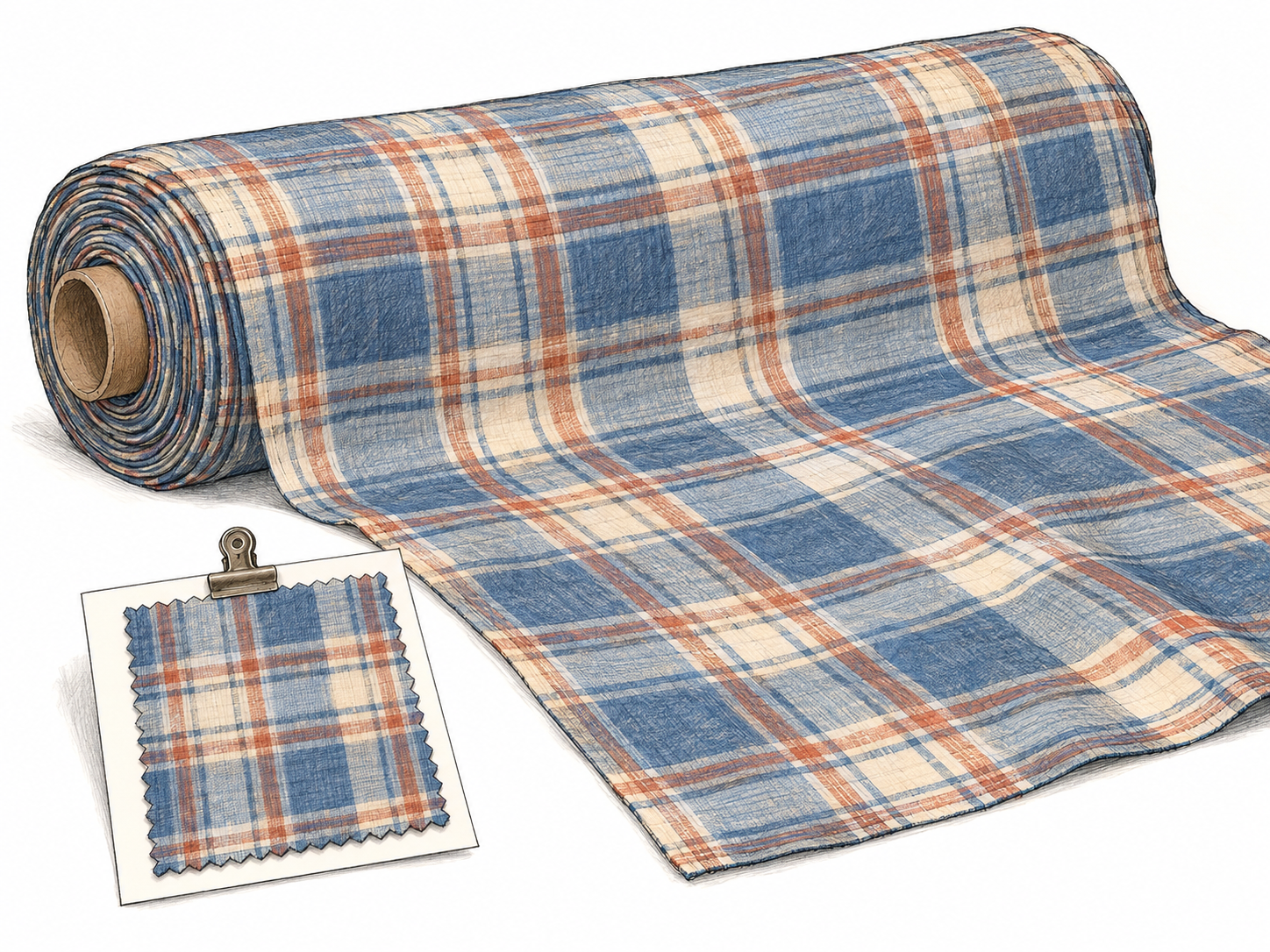A small fabric swatch displayed beside the much larger bolt it represents, with an unmistakably matching woven plaid pattern.