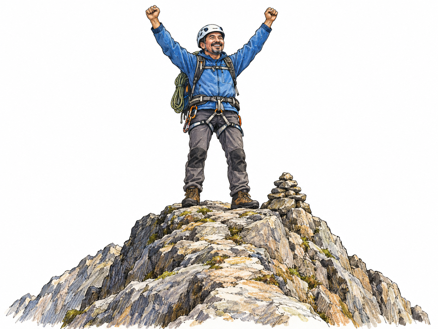 A climber stands on the final summit of a steep rocky peak, raising both arms in triumph beside a small summit cairn.