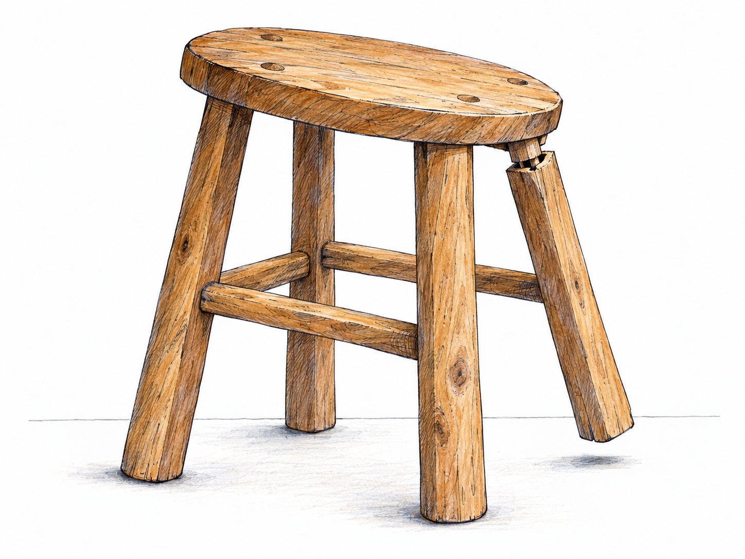 A wonky wooden stool with a crooked, loose leg: its seat tilts, one foot fails to meet the level floor, and a leg joint is visibly separating.