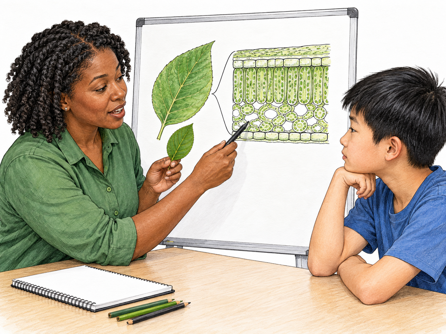 Teacher draws a simple leaf cross-section beside a real leaf to explain its structure to attentive student; no written labels, clear picture making information visible.