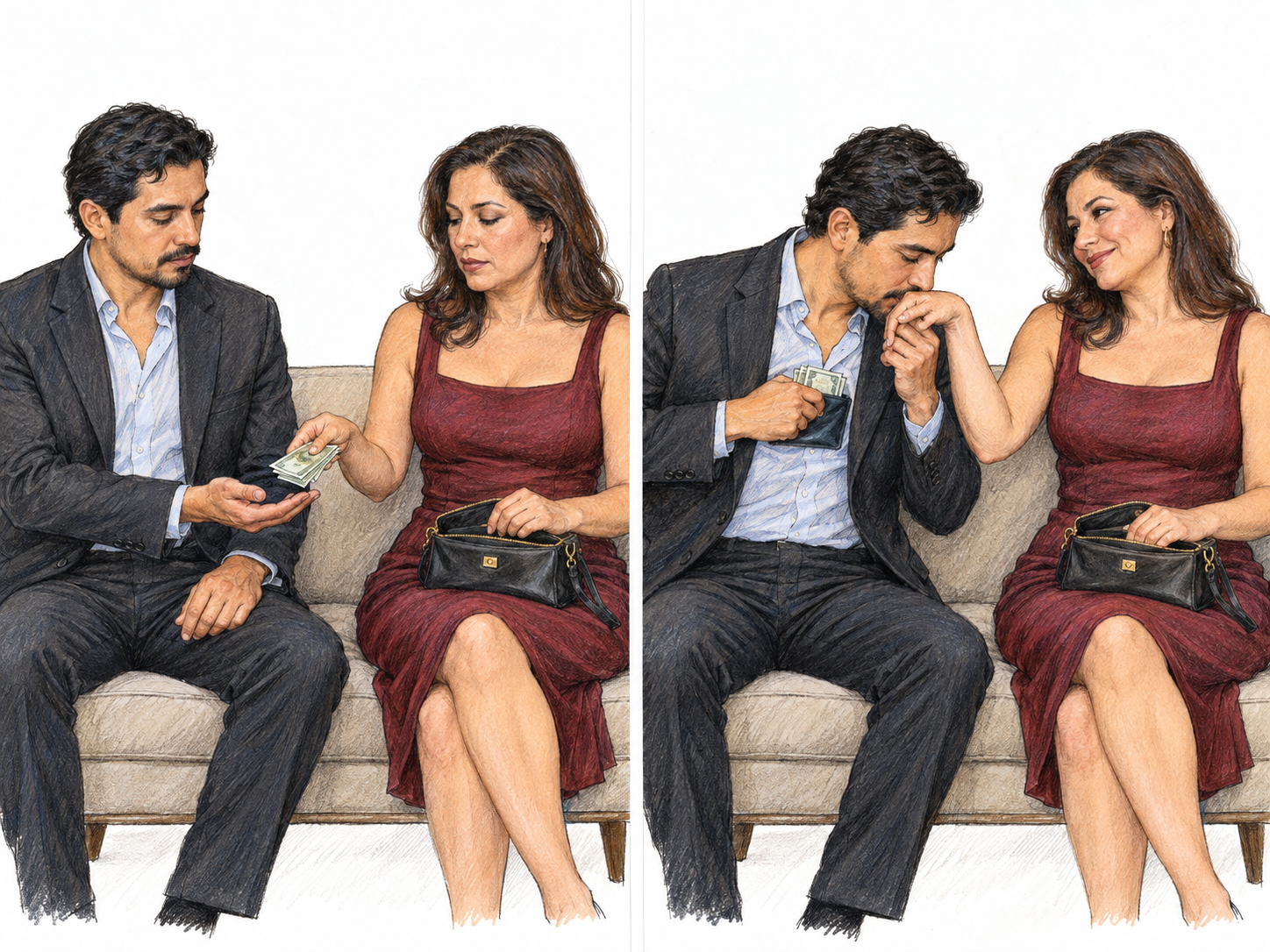 A compact two-moment sequence depicts a woman paying a male companion, followed immediately by his attentive romantic companionship.