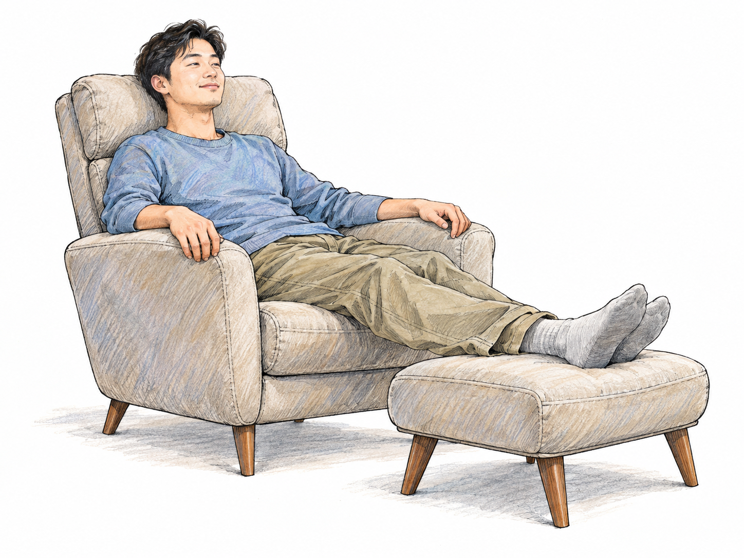 A young adult man rests comfortably in a softly cushioned armchair, his back supported and his feet resting on a padded footstool.