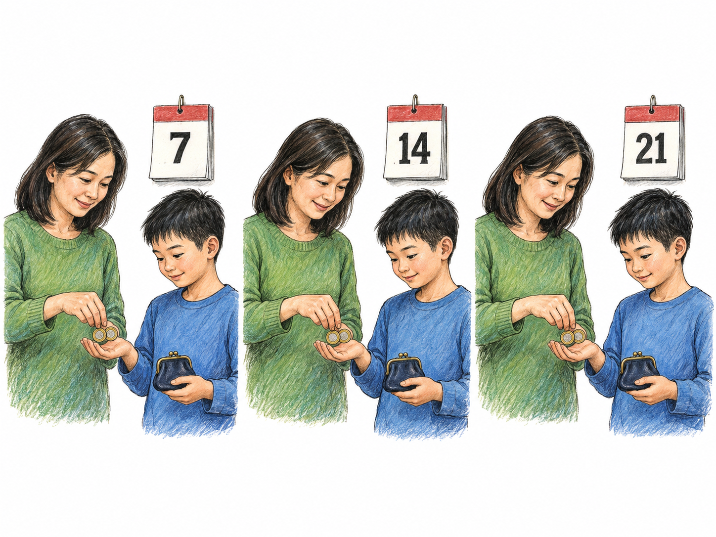 Three simple consecutive weekly vignettes show the same mother giving her child the same small amount of spending money.