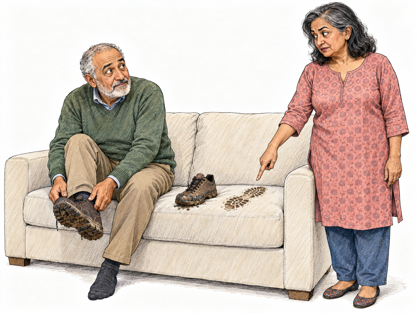 An older woman mildly scolds an older man for putting muddy shoes on a clean sofa.
