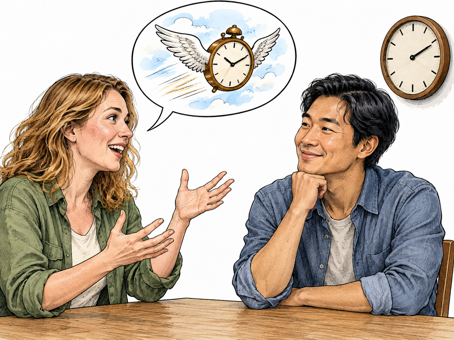 A white woman talks expressively to an East Asian man; her picture-only speech bubble contains a clock with wings, and he smiles in understanding.