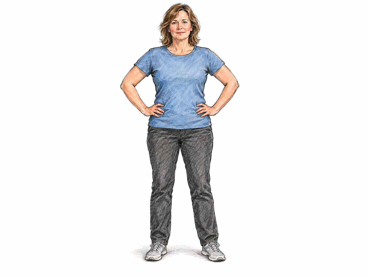 A middle-aged white woman stands facing the viewer with both hands resting on her hips and both elbows clearly pointing outward, making the akimbo posture unmistakable.