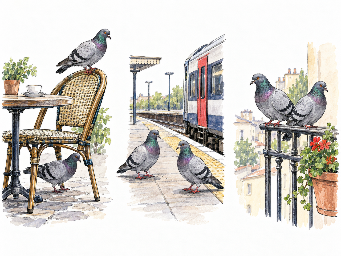 The same familiar kind of pigeon appears across three clearly different urban settings: a café terrace, a railway platform, and an apartment balcony.