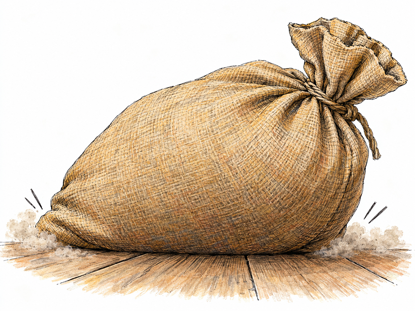 A heavy, tightly filled burlap sack lands flat on a wooden floor, its soft underside visibly compressing at the instant of impact.
