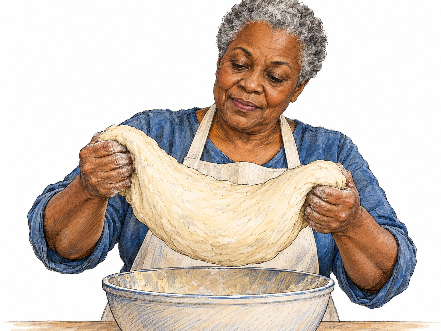 A baker lifts a cohesive mass of bread dough from a bowl; the dough stretches slightly but remains visibly joined as one continuous whole.