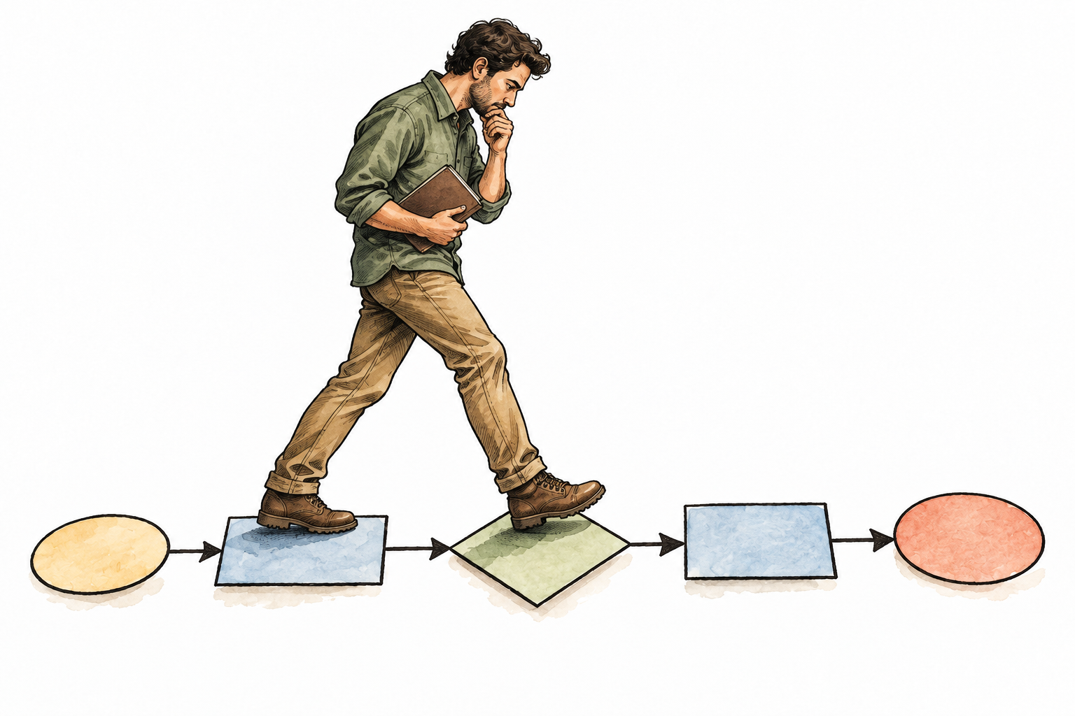 A person carefully follows linked logical steps on a simple reasoning diagram, measured thought.