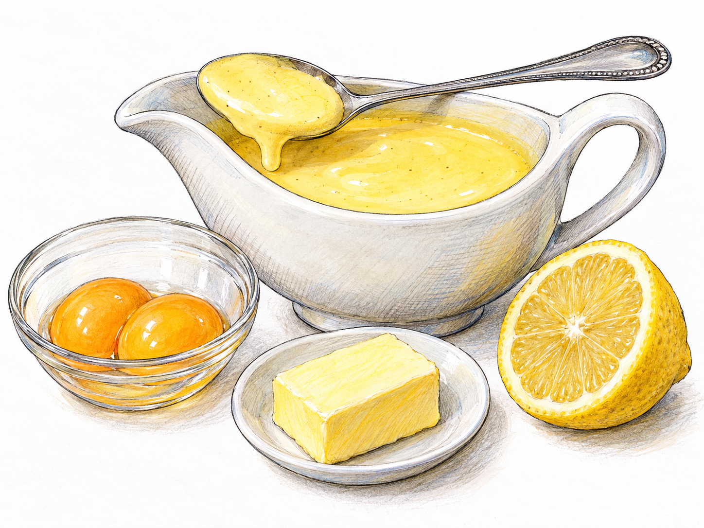 A small sauceboat of glossy pale-yellow hollandaise, accompanied by visibly separated egg yolks, butter, and a cut lemon.