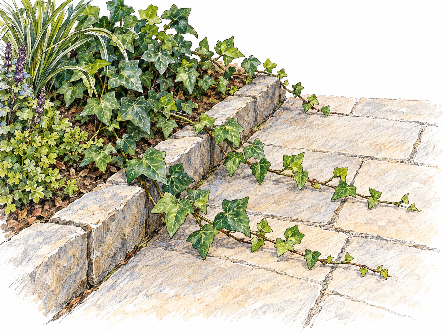 Creeping garden vines spread beyond a clearly defined planting bed onto a neighboring paved walkway, progressively narrowing the open walking space.