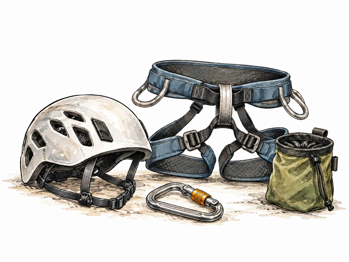 A climbing helmet and harness laid out as necessary safety equipment before a climb, no slogans.