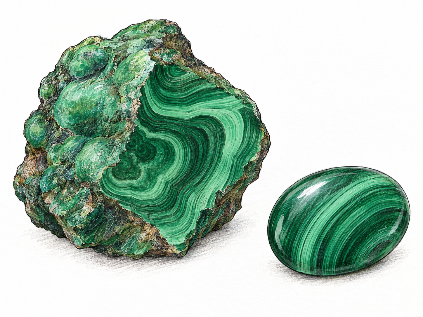 A rough green malachite specimen beside a polished oval malachite gemstone, both showing characteristic light- and dark-green banding.